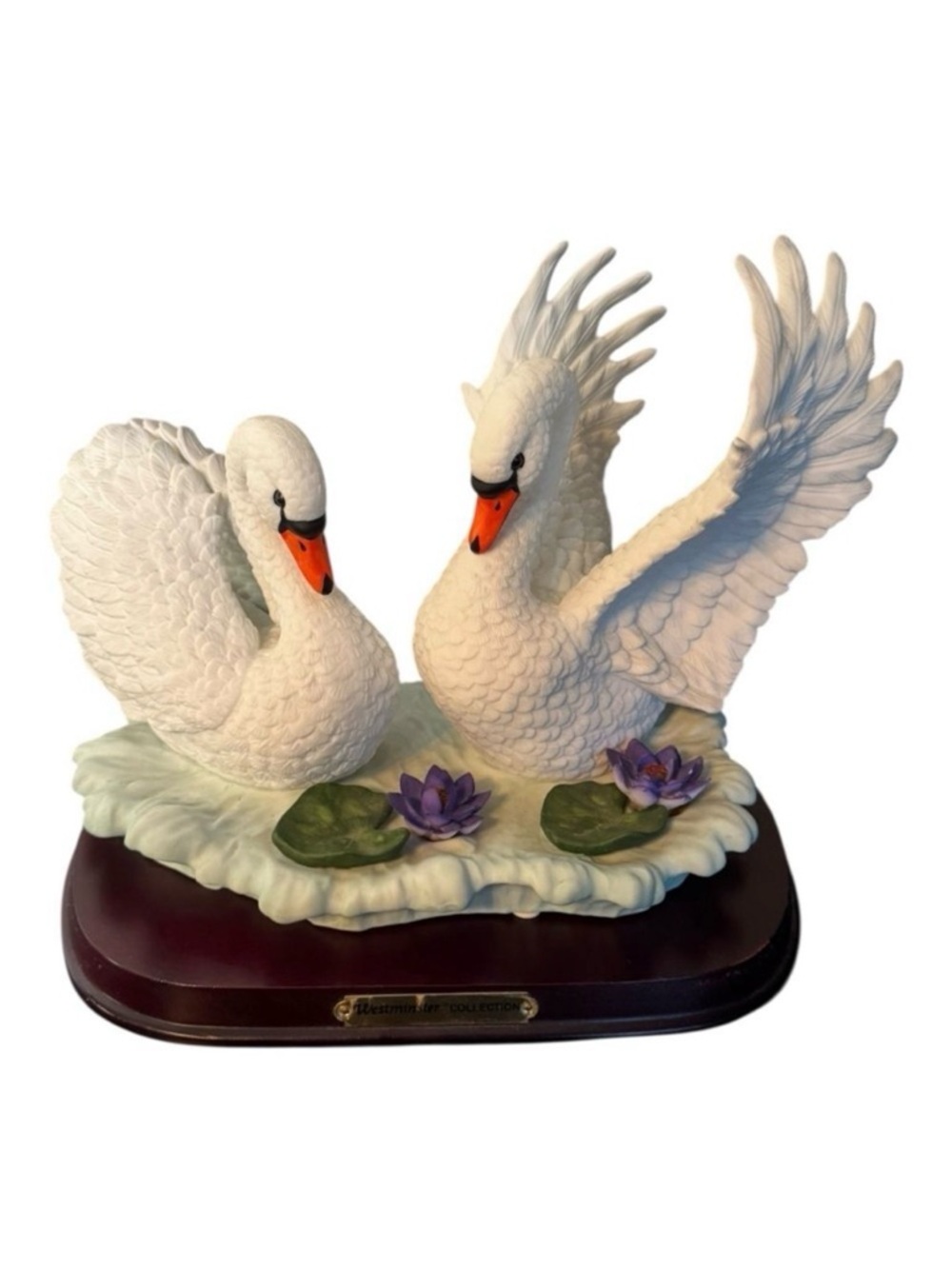 Westminster Collection White Handpainted Porcelain Swans Figurine and Stand